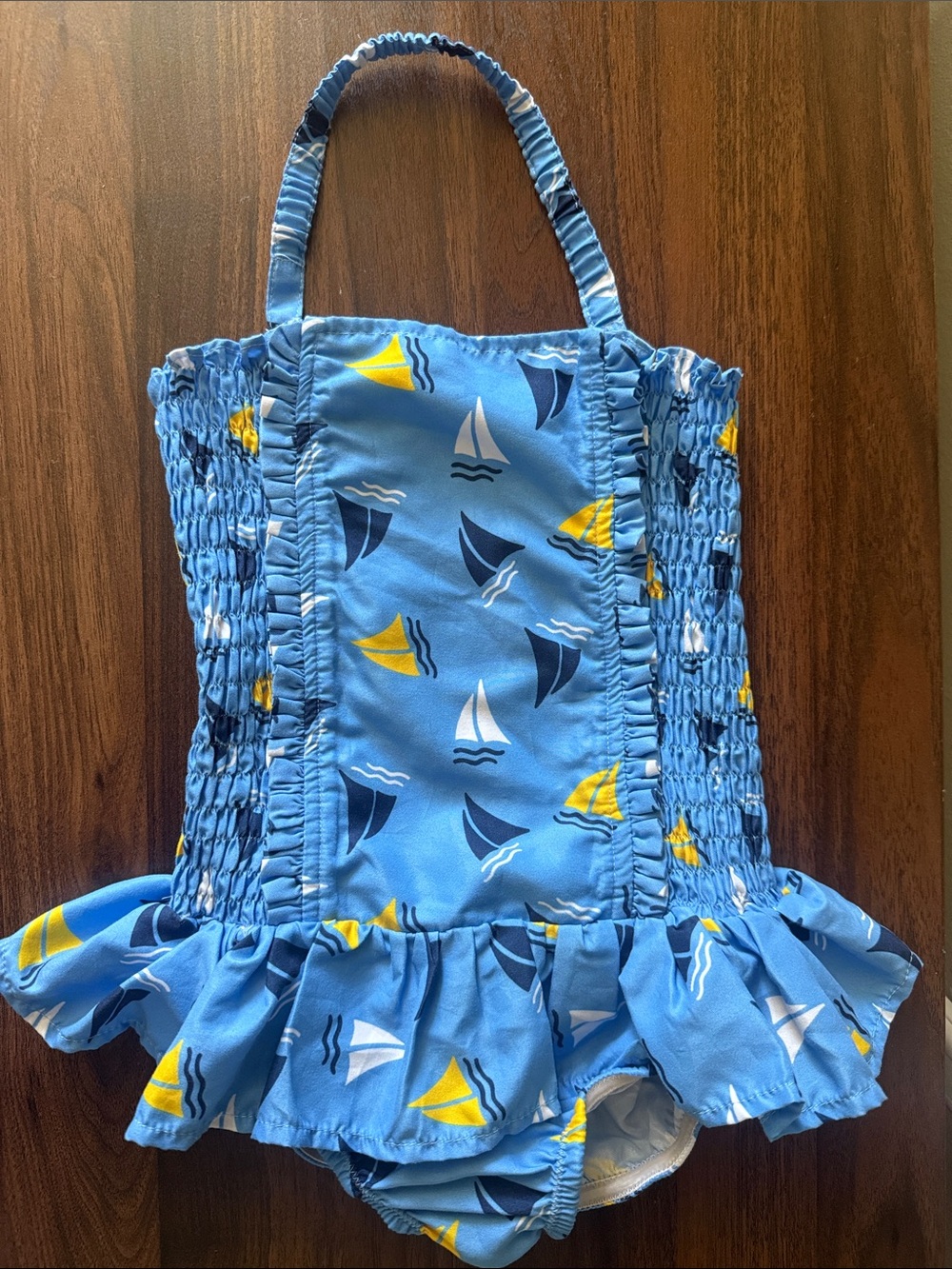 Rachel Riley Blue Sailboat Ruffle One-Piece Swimsuit 5Y